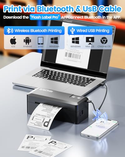ByteCintia Bluetooth Etikettendrucker, DHL Thermodrucker 4x6 Ettikettendrucķer, Ettikettendrucķer Label Printer für iOS, Android, Windows & Mac, Kompatibel mit Shopify, Amazon, Royal Mail, Ebay, USPS