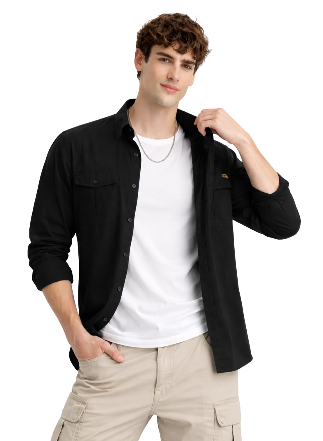 ADRO Camicie cargo da uomo in vestibilità regolare, tessuto twill di cotone di alta qualità, doppie tasche sul petto, camicia in stile shacket tinta unita