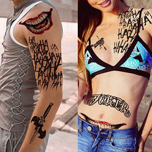 Image of GOROMON 6 Sheets The Joker Temporary Tattoos For Halloween Makeup Kit, Suicide Squad Joker Tattoos Stickers For Women Men Adults, Damaged Tattoo Joker Hand Smile Face Poker Prisoner Costume Skull Set