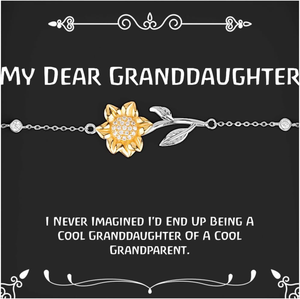 Fancy Granddaughter Gifts, I Never Imagined I'd End Up Being A Cool, Birthday Sunflower Bracelet For Granddaughter from Grandma, 925 sterling silver, 14k gold, Sunflower charm