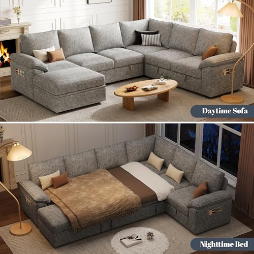 Image of 108'' Modular Sectional Sofa with Pull Out Bed, Sleeper Sofa, Light Gray