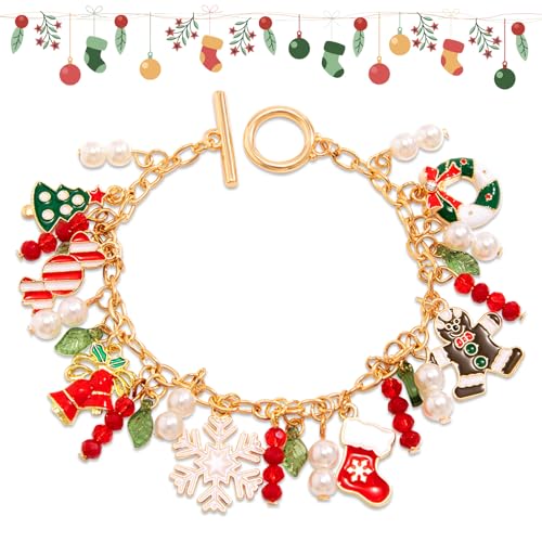 Hying 1 Piece Christmas Bracelets for Women, Xmas Trees Wreath Bracelet Snowflake Pearl Beaded Charm Bracelets Christmas Themed Accessories Festive Jewelry Gifts for Christmas Party Favor