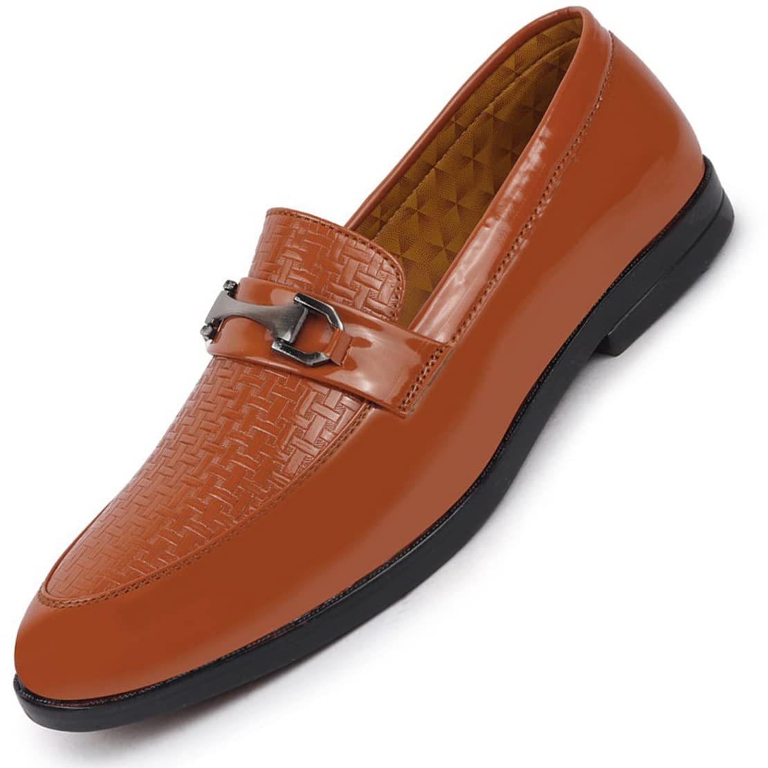 FAUSTOMen's Patent Leather Party/Formal Horsebit Slip On Shoes with Textured Details