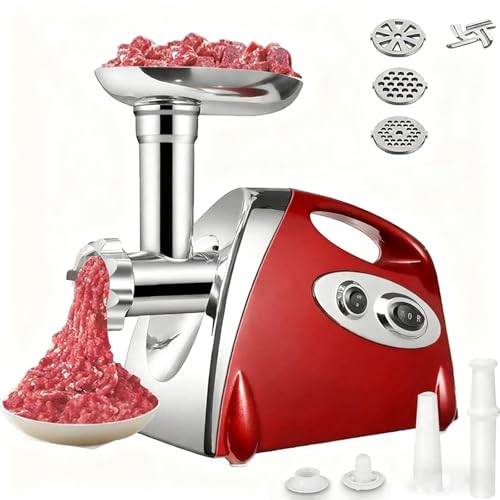 電動ミートグラインダーミンサー、2800ワットステンレス製ミンチマシン、3種類の挽き目プレート&ソーセージスタッファー&キッベアタッチメント付属、家庭用キッチン向けソーセージ製造・肉挽き・食品加工用 red