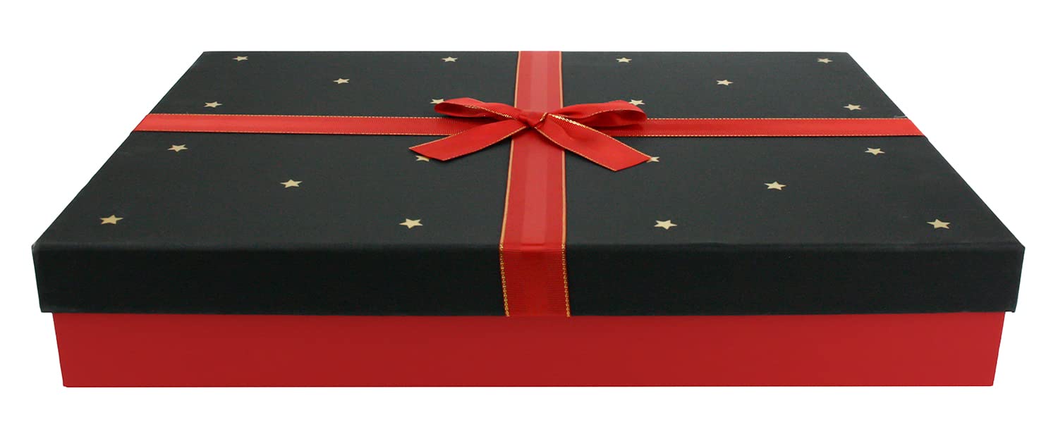 Emartbuy Single - Red/Black Rigid Gift Box with Ribbon – 42 x 30 x 8.5 cm – Luxury Cardboard Presentation Box|Premium Packaging for Hampers, Birthdays, Weddings, Corporate Gifting