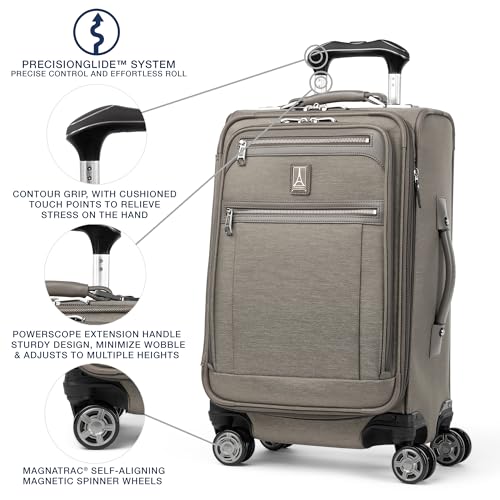 Image of Travelpro Platinum Elite Softside Expandable Carry on Luggage, 8 Wheel Spinner Suitcase, USB Port, Suiter, Men and Women, Metallic Sand, Carry On 21-Inch