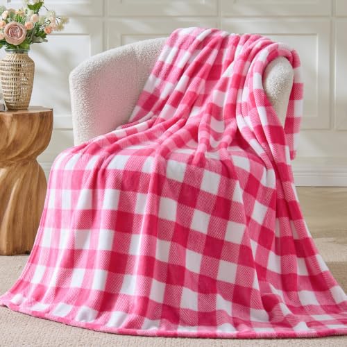 Image of BEDELITE Plaid Fleece Throw Blanket, Pink & White Buffalo 60x80 Inches