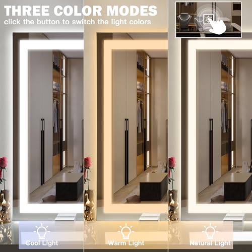 Image of ROLOVE 40x28 Inch Lighted Vanity Mirror, 3-Color Lighting & Dimmable Modes, Large LED Makeup Mirror for Bathroom /Dressing Room (Wall /Tabletop Mount, White)