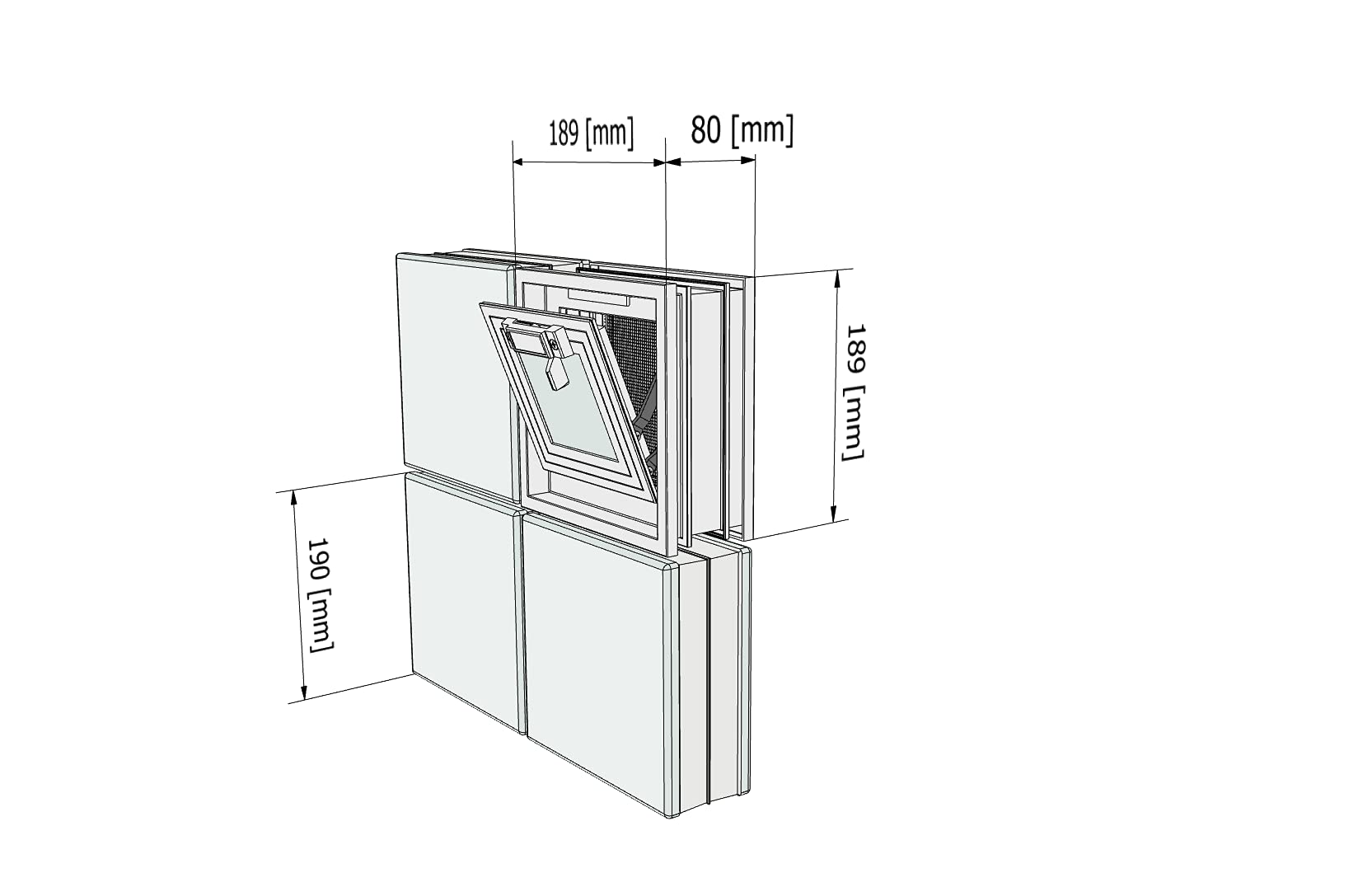 Ventana de ventilación para insertar en una pared de bloques de vidrio, ladrillo u hormigon | Dimensiones cm 19x19x8 | Sustituye 1 bloque de vidrio de 19x19x8 cm.| Unidad de venta 1 ventana