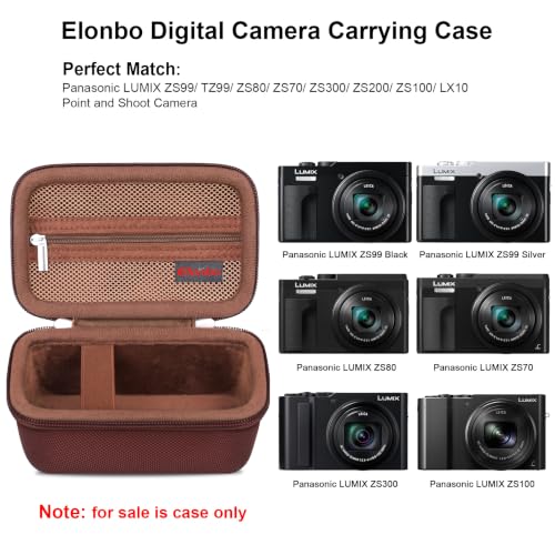 Image of Elonbo Camera Case for Panasonic LUMIX ZS99 / TZ99 / ZS80 / ZS70 / ZS300 / ZS200 / ZS100 / LX10 Point and Shoot Camera. Panasonic LUMIX Digital Camera Carrying Case. Mesh Pocket fits Battery, Coffee color