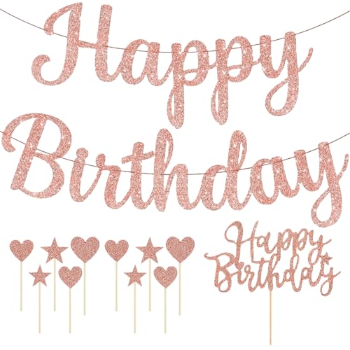 SLAXJNE 1 Pieza De Bandera para Fiesta De Cumpleaños Y Juego De 11 Insertos para Pastel De Cumpleaños, Pancarta De Feliz Cumpleaños, Decoración De Oro Rosa, Decoraciones para Pasteles