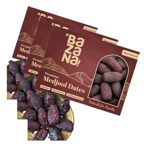 Image of Bazana Premium Jumbo Size Medjool Dates | Rich in Fibre | Instant Energy Khajoor | Perfect for Gifting | Healthy Snacks | Large Size Khajur | King of Dates, 500gm (Pack of 3)