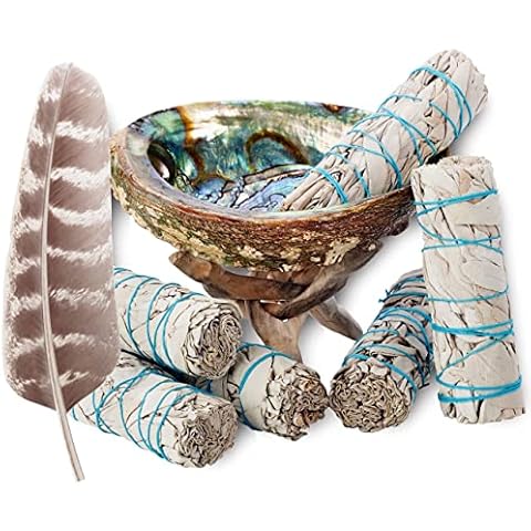 6 White Sage Smudge Kit with Feather + Abalone Shell + Stand + Instructions for Use | Spiritual Use Smoke Cleanse Ceremony Sage Bundle Smudging Kit (6 Sage Smudge Kit) Cover