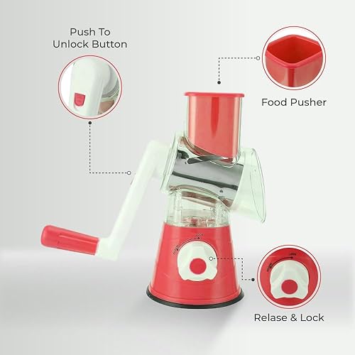 Miniatura 7 de Rallador rotativo de queso, triturador manual de verduras con cuchillas de tambor de acero inoxidable 3-1, fácil de usar y limpiar, cortador de