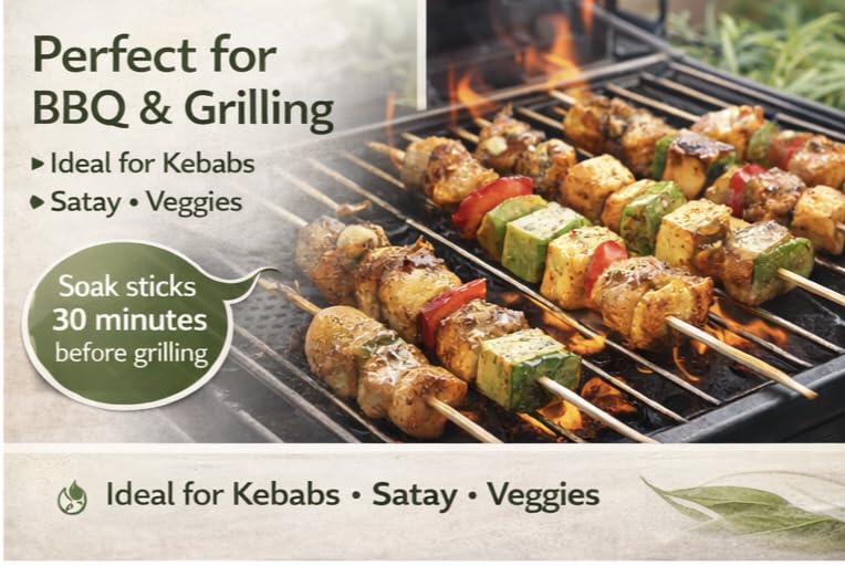Eco Evergreen Bamboo Satay Sticks for BBQ & Grilling | Natural Bamboo Skewers | Strong, Smooth & Eco-Friendly | Perfect for BBQ, Grilling, appetizers & Party Snacks | 8 inches- 140 Count 3