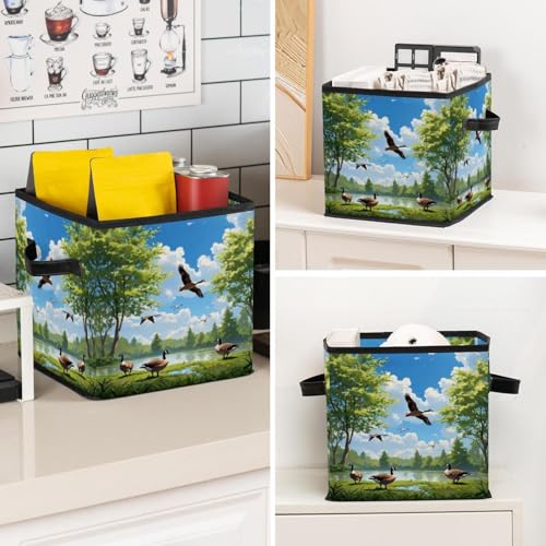 Boîte de rangement pliable cube avec poignées cuir motif oies - 8