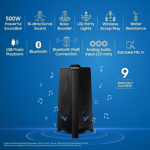 Image of Samsung 500 W {MX-T50 /XL} Sound Tower High Power Audio, Floor Standing Speaker, Bi-Directional Sound, Water Resistant, Party Lights, Bluetooth Multi-Connection, USB Music Playback (Black)