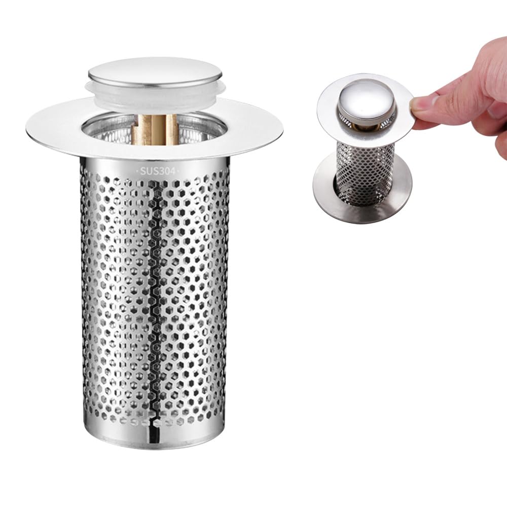 Sink Drain Strainer,Stainless Steel Removable Floor Drain Filter with Push Type Brass Rebound Core to Filter Out Hair Strainer for Bathroom Kitchen Balconies(3.3 * 5.5cm)