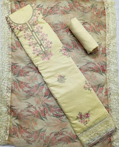 Image of Rubani Women's Heavy Chanderi Cotton Embroidery Work Unstitched Salwar Suit Dress Material With Organza Printed Dupatta(Free Size)