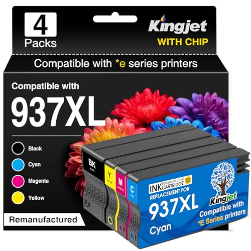 KINGJET 937XL Cartuchos de Tinta con Chip Compatible para HP 937 937XL 937e Tinta para HP OfficeJet 9120e 9730e 9720e 9122e 9125e 9132e 9135e 9117b 9110b 9120b 9130b 9720 9730 (Pack de 4)