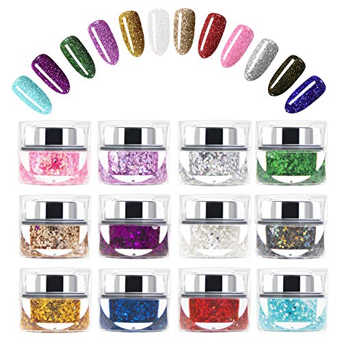 Gel Polish Set 12 Colors Acrilycs Nails Poblish Kit with Solid Sparkles Glitter Soak Off UV LED Gel Nail Art Glitters Long-Lasting Starter Manicure Kit