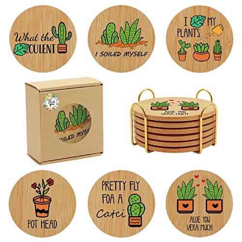 Lustige Bambus-Untersetzer, Pflanzenliebhaber, Geschenk, 6 Stück mit goldfarbenem Metallhalter, Geschenkbox, bereit für Männer und Frauen Cover