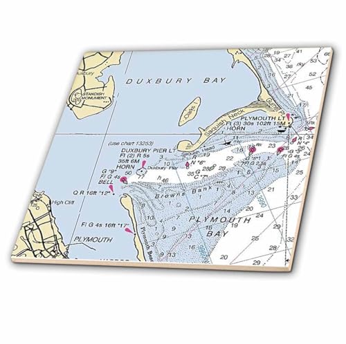3dRose Print of Plymouth Bay Nautical Chart 6 Inch Ceramic Tile