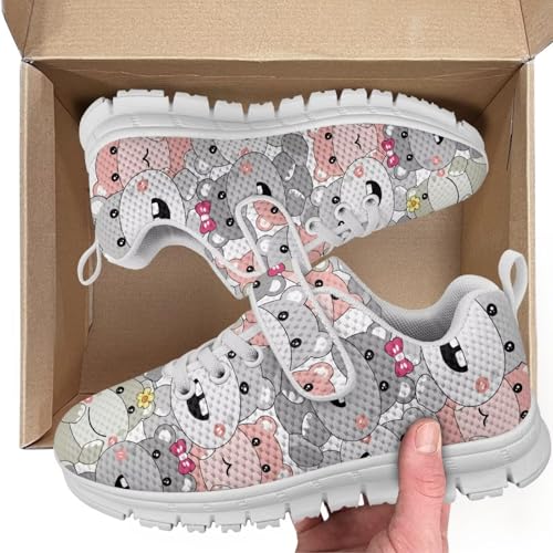 Little Kid Tennis Shoes Slip On Boys Girls Sneakers Casual Running Shoes Woven Breathable with Soft Soled Sports Hook-Loop Outdoor Shoes Cartoon Hippo Pattern（White Sole）2