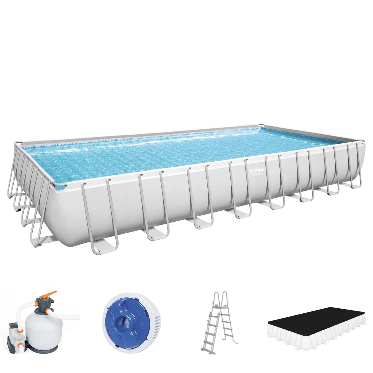 Bestway Power Steel Frame Pool Komplett-Set, eckig, mit Sandfilteranlage, Sicherheitsleiter & Abdeckplane 956 x 488 x 132 cm, 56623, Grau
