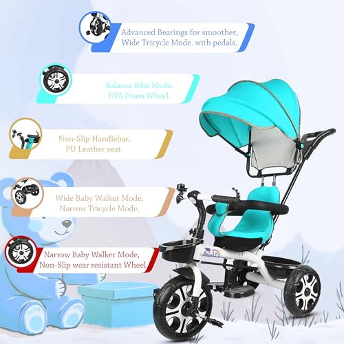 Image of BABY SMILE 4-in-1 Kids Tricycle with Adjustable Canopy, Parent Push Handle, Red and White (Green)