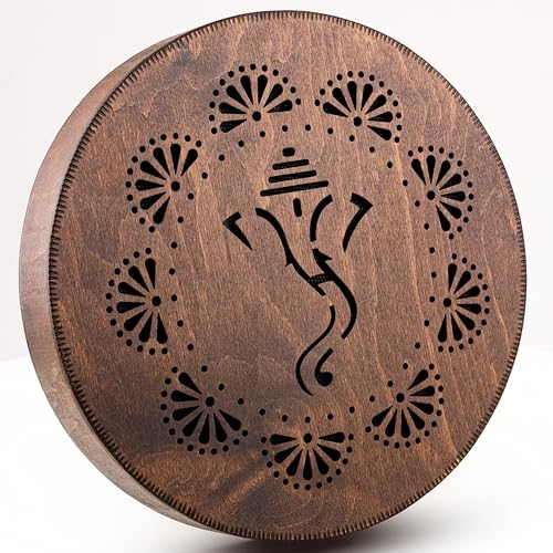 Nazar Drums Rain Disk, Dark Brown Wood, 8.6 Inch Diameter, Elephant and Lotus Design, Meditation and Relaxation Sound Healing Instrument, Natural Wood Finish