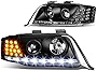 Pair of Black Housing LED DRL Amber Signal Projector Headlight Compatible with Audi A6 / A6 Quattro C5 Typ 4B 98-01