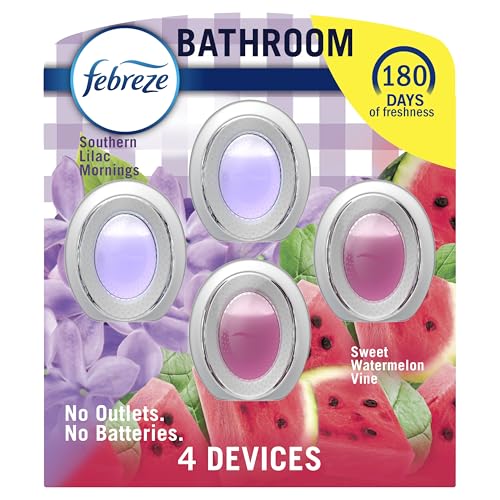 Febreze Bathroom Air Freshener, Odor-Fighting, Plug In Alternative, Air Fresheners for Home and Bathroom and Kitchen, Closet Air Fresheners, Watermelon & Lilac Scent, 4 Count