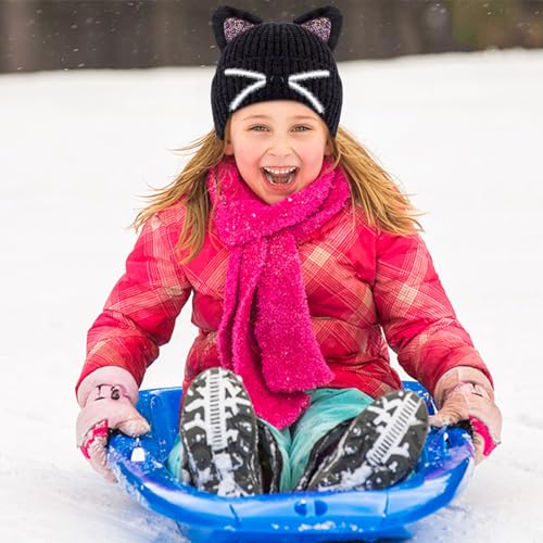 Kids Girls Sequin Cat Ears Hats Winter Knitted Beanie Hat for Outdoor Snow Ski Skull Cap Ages 7-124