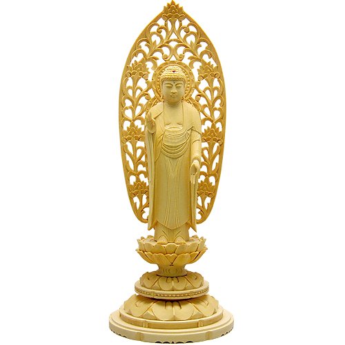 仏壇屋 滝田商店 舟阿弥陀如来(浄土宗) 白木製 3.5寸(高さ22.6cm×巾8.9cm)◆仏壇用のご本尊仏像、木彫仏像【滝田商店発行 証明書付】