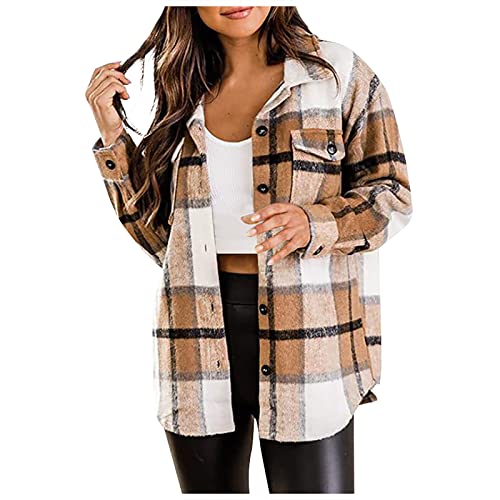 Womens Casual Plaid Flannel Shacket Jacket Oversized Button Down Long Sleeve Fall Shirt Jacket Coats Shirts