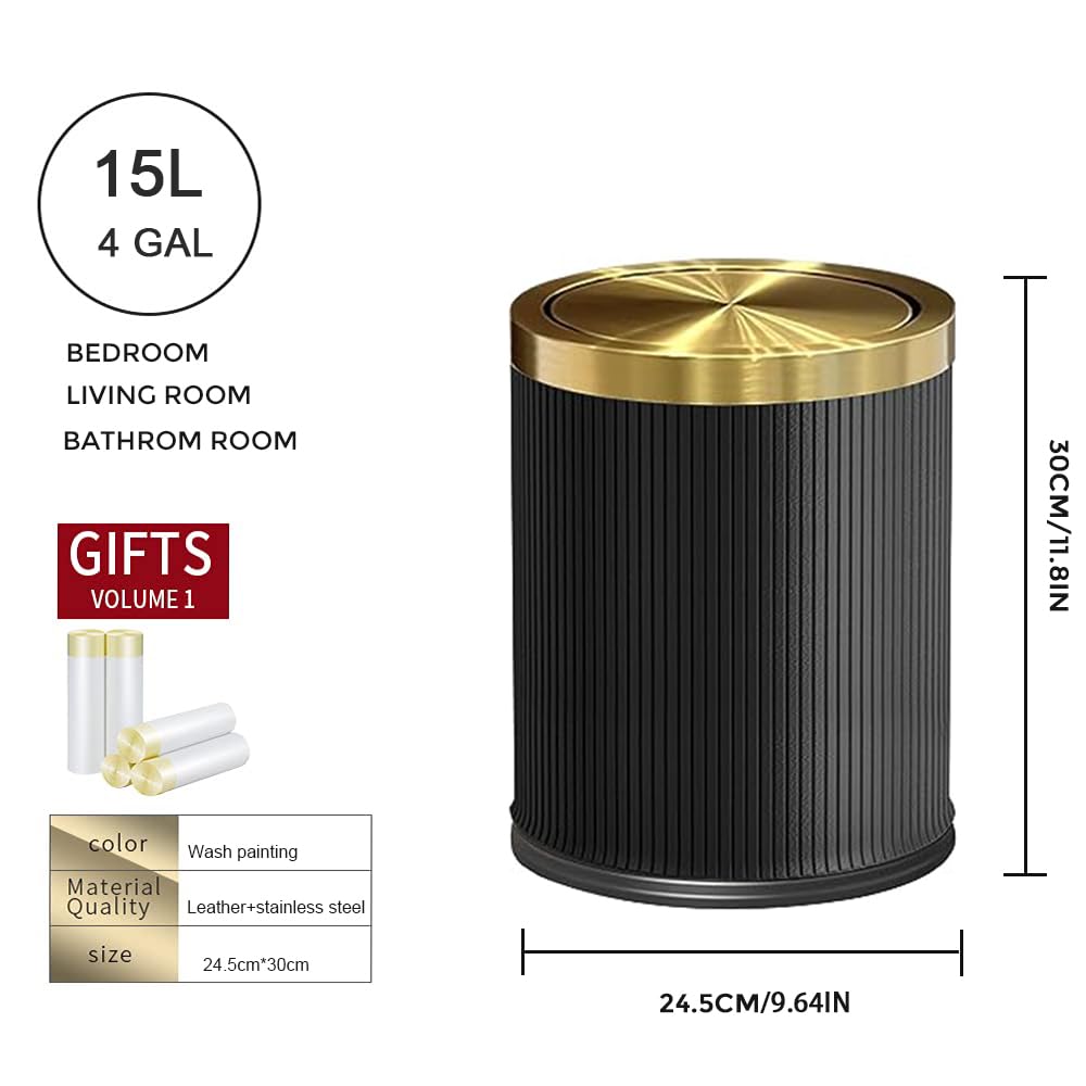 15L/4 Gallone Badezimmer Goldkorb, Badezimmer Papierkorb, High-End Badezimmer Müllkorb, Wohnzimmer, Schlafzimmer, Büro (schwarz)