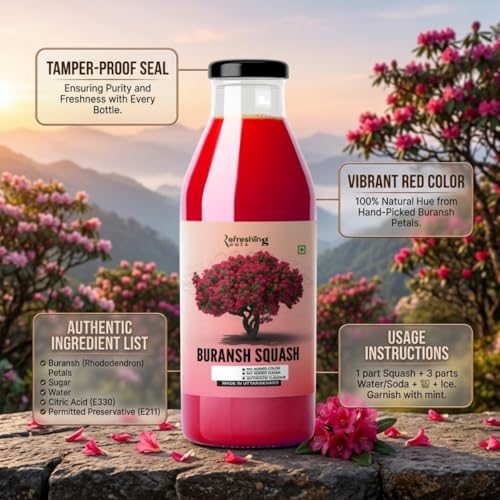 Image of REFRESHING ROOTS Uttarakhand Premium Buransh (Rhododendron) Squash, 1500 ML Glass Bottle | Cold Pressed | Natural Health Drink | Added Honey | No Artificial Flavors | Rich in Antioxidants | Glass Bottle (500 ML * 3)