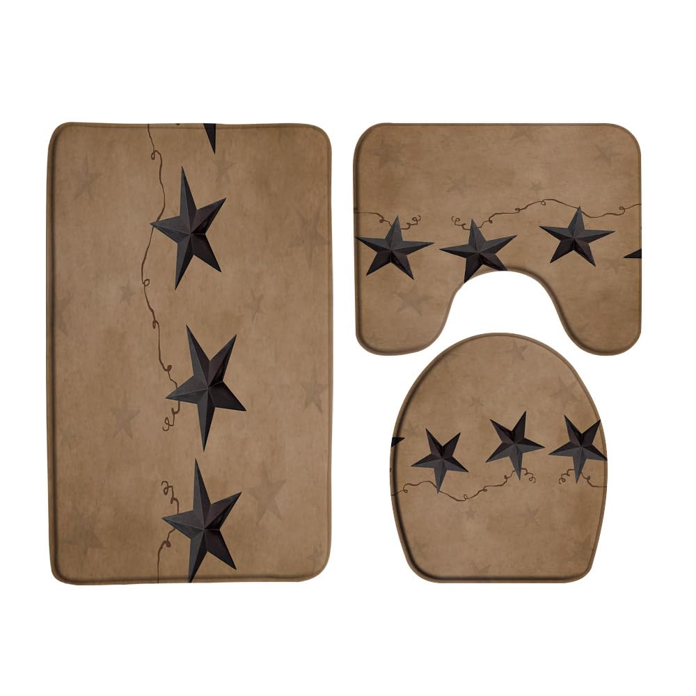 ZKJSMGS 3 Piece Bath Mat Sets,Rusty Star Primitive Rustic Western Farm Texas Vintage Star Barn Door Country Farmhouse Old Village 24"x36"Bath Rug,