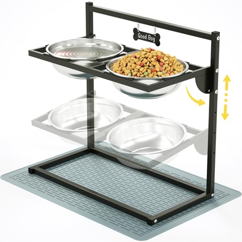Ciotole Per Cani Rialzate Con Altezza Regolabile Su 4 Livelli E Inclinazione Di 10°, 2 Ciotole In Acciaio Inox (3L x 2) E Tappetino Antiscivolo, Adatto a Cani di Taglia Gigante, Grande e Media