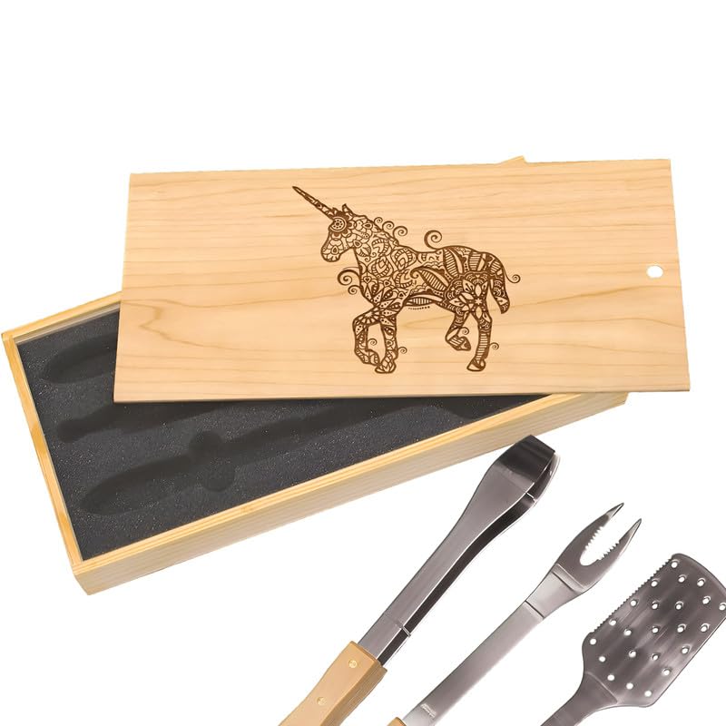 Set de utensilios para BBQ con diseño unicornio y caja grabada