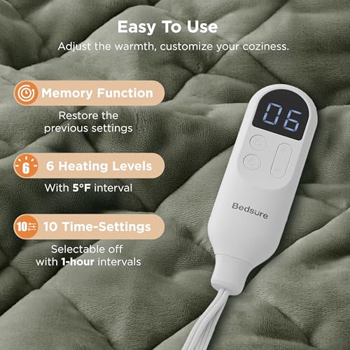 Image of Bedsure Electric Blanket Full Size - Quilted Heated Blanket Full, Soft Flannel Thick Heating Blanket with 10 Time Settings & 6 Heat Settings, Warm Gifts for Women Men (72x84 inches, Olive Green)