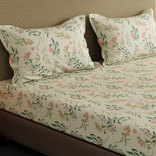 Image of Layers 100% Cotton Bedsheet for King Size Bed | Lumina Floret Collection | 144 TC Soft & Breathable | Floral Print with 2 Pillow Covers | Wrinkle Free & Colorfast | 3 Piece Bedding Set - Cream & Green