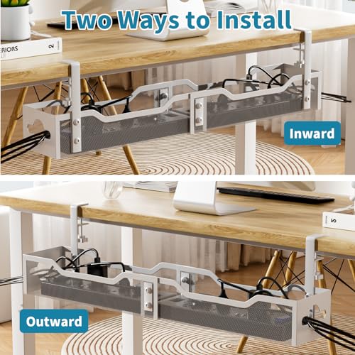 Image of Under Desk Cable Management Tray White, Litwaro Cable Management Under Desk No Drill, 25'' Cable Tray with Clamp for Wire Management, Cord Organizer for Office, Home - No Damage to Table