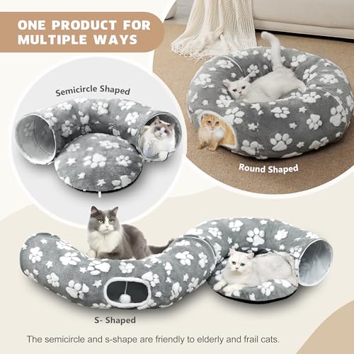 Image of Cat Tunnel for Indoor Cats, Cute Peekaboo Cave with Dangling Balls, Pet Donut Tunnel Bed with Circle Mat for Puppy Kitten Rabbit, Grey