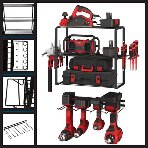 Image of Power Tool Organizer - 4-Tier Garage Shelving Unit with 140lb Max Capacity - Wall Mount Garage Storage System for Tools by Stalwart