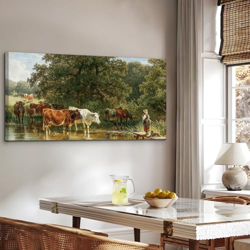 SERIMINO Large Wall Art for Living Room, Animal Cow Vintage Wall Decor, Forest Pastoral Landscape Canvas Painting, Retro Herding Cattle Pictures Home Decor for Bedroom Bathroom Kitchen 30x60 Inch