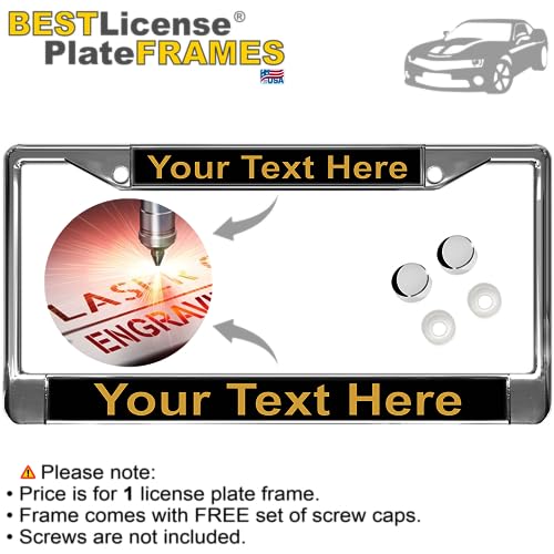 Image of Custom Personalized Chrome-Plated Metal Laser Engraved Standard Size - Car /Automobile License Plate Frame with Free caps - Black /Gold Text (Qty: 1 Frame)