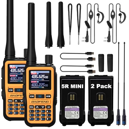 Image of BAOFENG UV-5R Mini Two Way Radio BF-5R Mini Walkie Talkie Wireless Power Adjustable Tiny Size Frequency Copy 999 Channels Type-C Four Colors Portable Ham with 771 Antenna and Headset(2 Pack) (Orange)