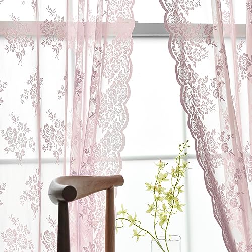 Image of Kotile Pink Lace Curtains 84 Inches Long 2 Panels Set, Vintage Pink Floral Sheer Lace Curtains for Girls Bedroom, Privacy Grommet Lace Sheer Curtains for Windows, 52 x 84 Inch, Pink